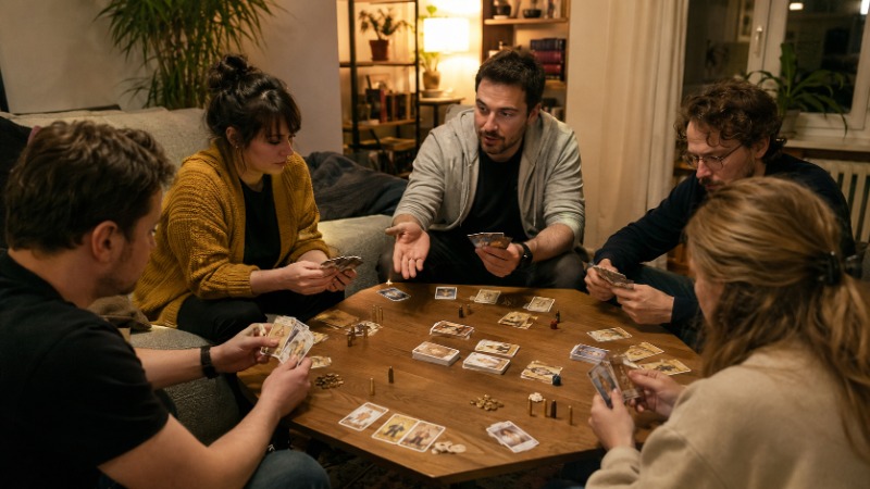 Rozehraná karetní hra Bang! na stole, karty rolí a dřevěné náboje před hráči