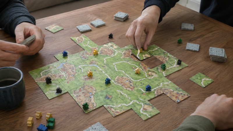 Rozehraná hra Carcassonne s pokládanými kartičkami krajiny a dřevěnými panáčky ve městě a na cestě