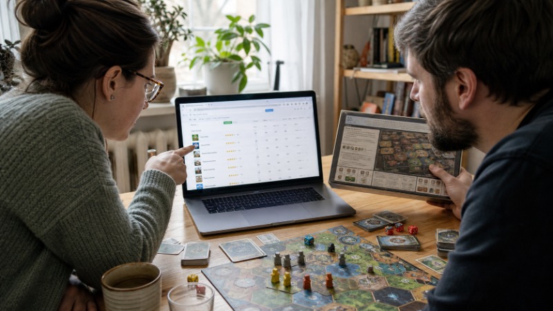 Hráč si na notebooku prohlíží databázi deskových her, vedle leží rozehraná hra