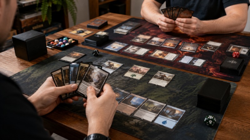 Ruce hráče pokládají karty Magic: The Gathering na stůl vedle land karet a kostky na počítání životů