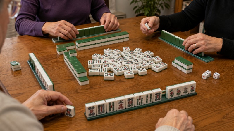 Sada kostiček mahjongu s obrázky bambusu, kruhů a znaků rozložená na stole