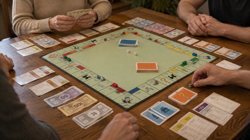 Herní plán Monopoly s figurkami, hromádkou papírových peněz a domečky na nemovitostech