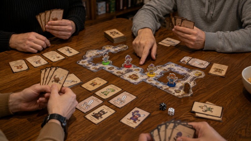 Hromádka karet Munchkin s balíčkem dveří a pokladu připravená na stole ke hraní