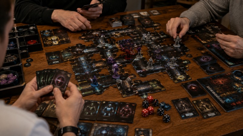 Herní plán vesmírné lodi Nemesis s miniaturou vetřelce, žetony ohně a kartami postav