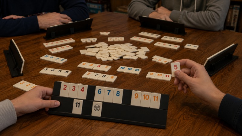 Barevné číselné dlaždice Rummikubu poskládané do řad a skupin na dřevěném stojánku