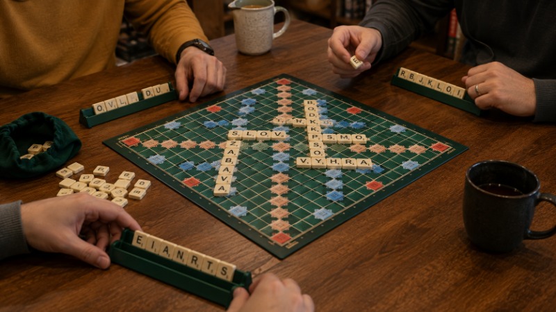 Hrací deska Scrabble s vyloženými slovy a písmenkovými kostkami na dřevěném stojánku