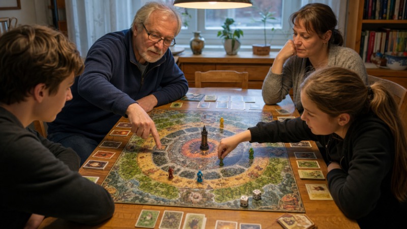 Herní plán fantasy hry Talisman s figurkami postav, kartami setkání a žetony síly a vůle